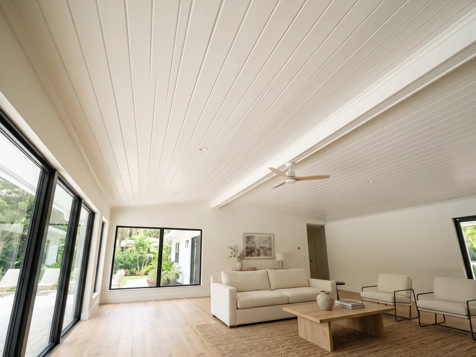 White painted tongue and groove ceiling