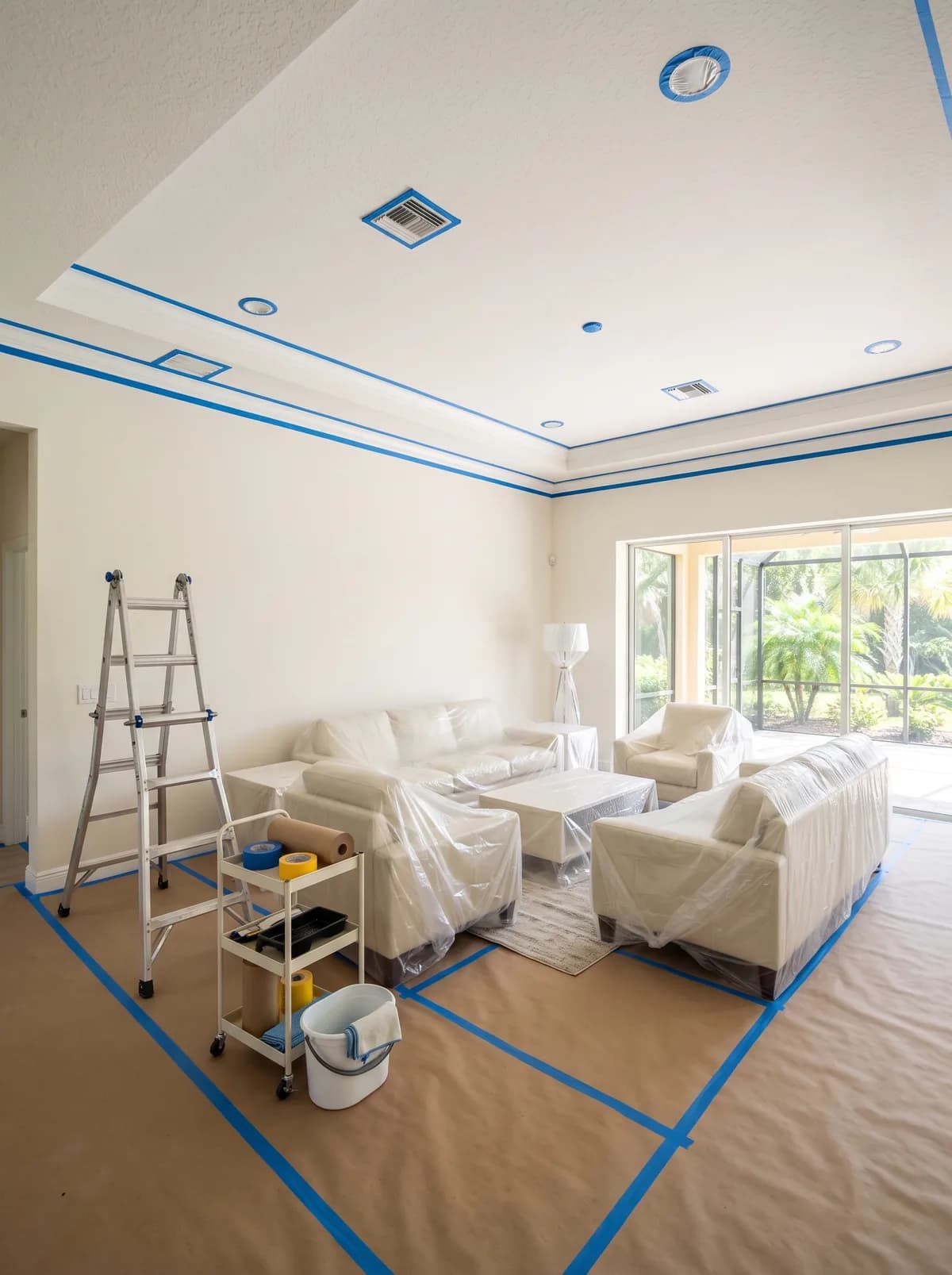 Room prepared and protected for popcorn ceiling removal